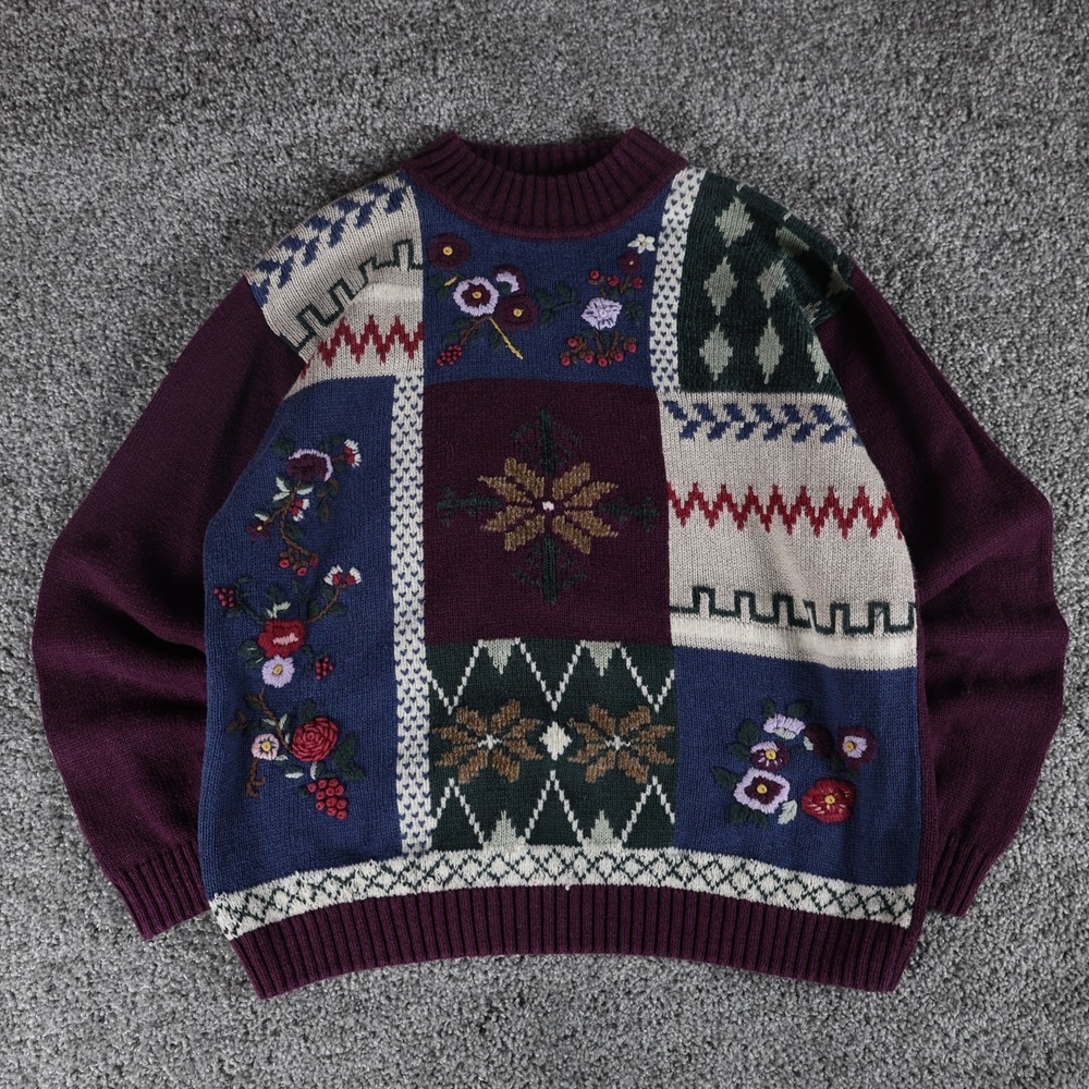 Vintage Alfred Dunner Women's L Patchwork Floral Ramie Knit Sweater Grannycore